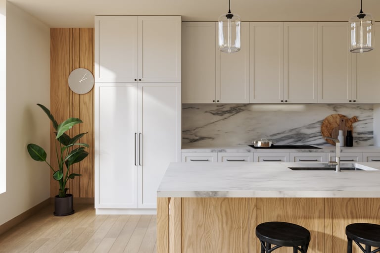 Moderne witte keuken met eiland